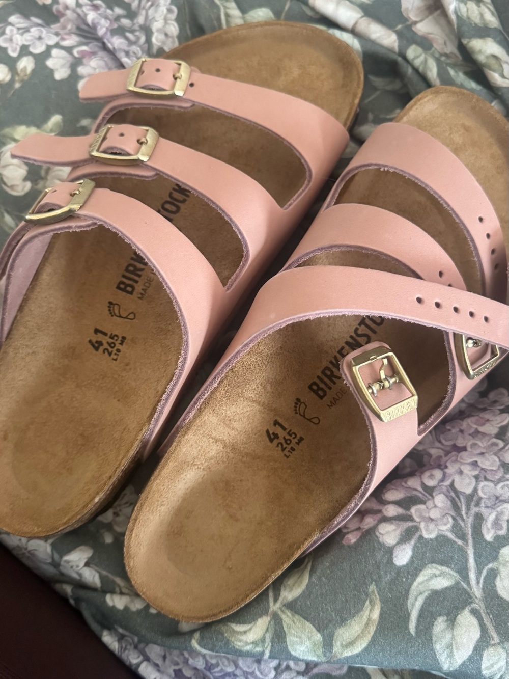 Birkenstock Triple-Strap Sandals in Soft Pink with Gold Buckles